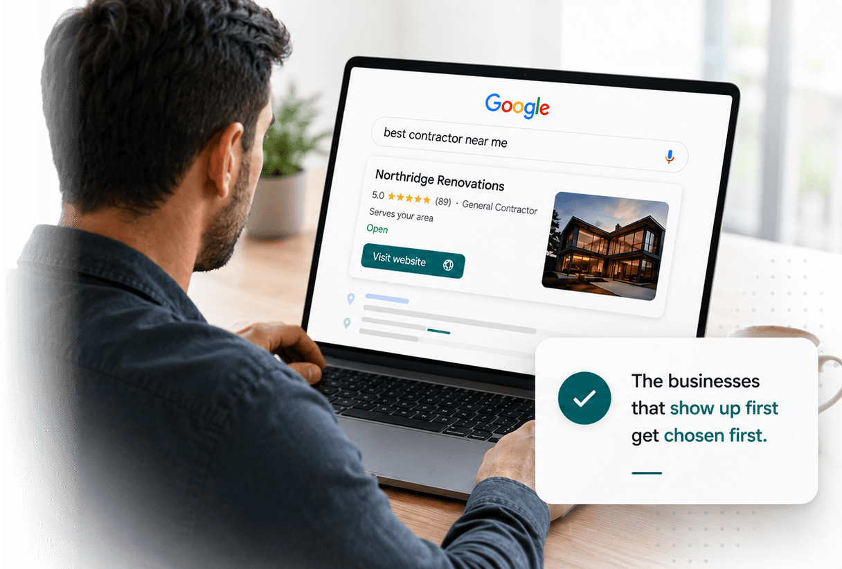 A phone search for a local contractor, showing a business's Google result