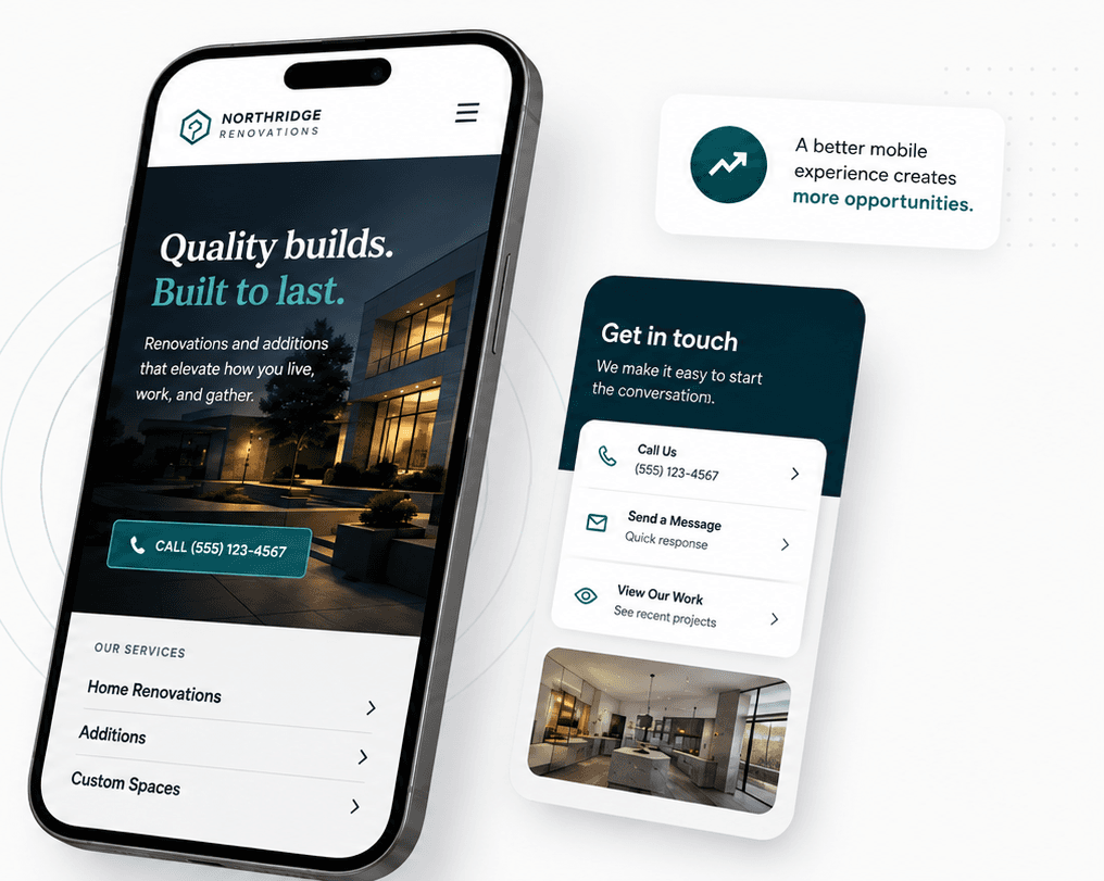 A phone showing a mobile-friendly renovation company website